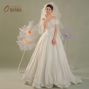 高定一字肩公主裙新娘出门纱 缎面主婚纱2024新款 Obride 下弦月