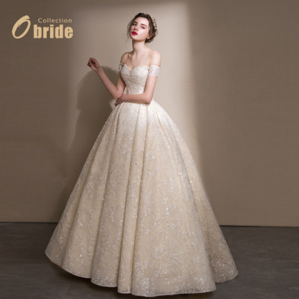 Obride【女爵】定制婚纱新娘2024新款主纱大拖尾复古一字肩高级感