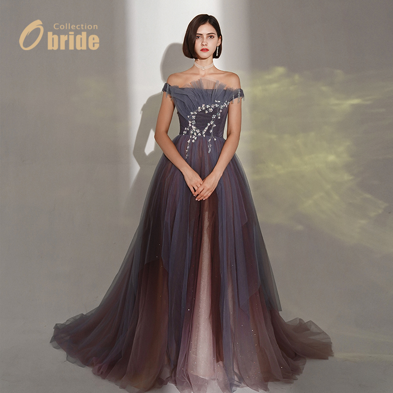 obride原创新款一字肩晚礼服年会宴会高端定制演出主持新娘敬酒服