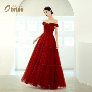 一字肩礼服超仙简约气质新娘敬酒服酒红色婚纱 新款 Obride 戈雅