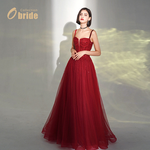 Obride红色新娘结婚敬酒服轻奢高级感订婚主持人大码 亮片礼服定制