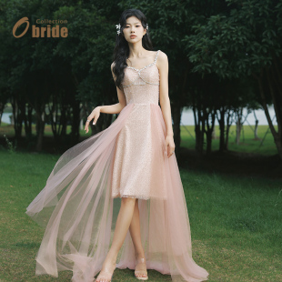 Obride原创设计香槟粉高定订婚敬酒礼服亮片吊带演出短款 小礼服女