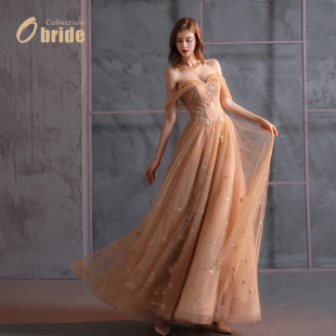 女 礼服成人礼高端轻奢小众一字肩香槟色晚礼服大码 Obride 流星
