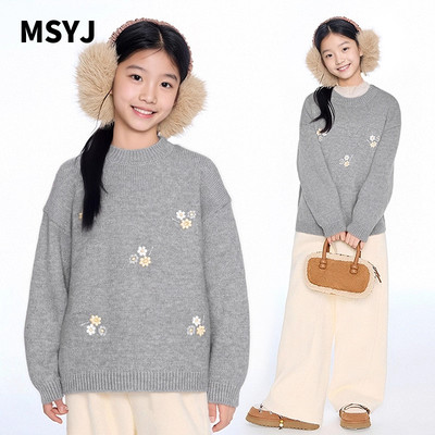 MSYJ 灰色刺绣毛衣女童新款休闲软糯圆领秋冬加厚针织衫上衣
