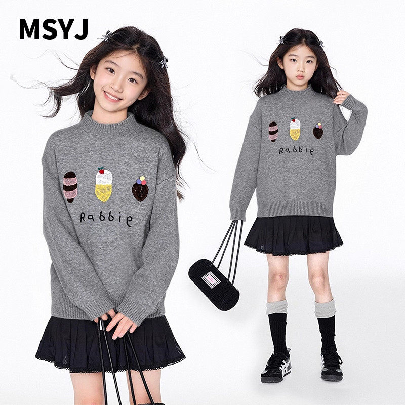 MSYJ 休闲毛衣女童冬季针织衫2025新款加厚中大童圆领上衣套头