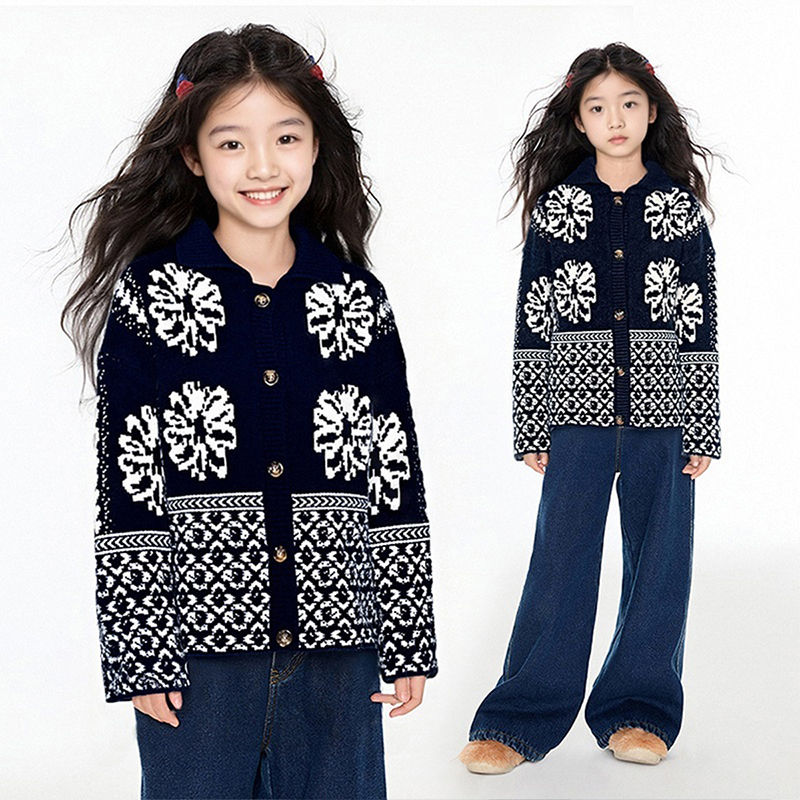 MSYJ 翻领针织开衫外套女童秋冬新款加厚费尔岛提花毛衣休闲上衣