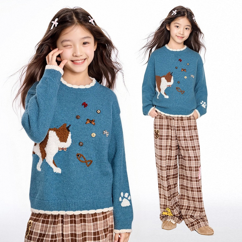 MSYJ 小猫立体刺绣毛衣女童冬季加厚休闲圆领针织上衣套头