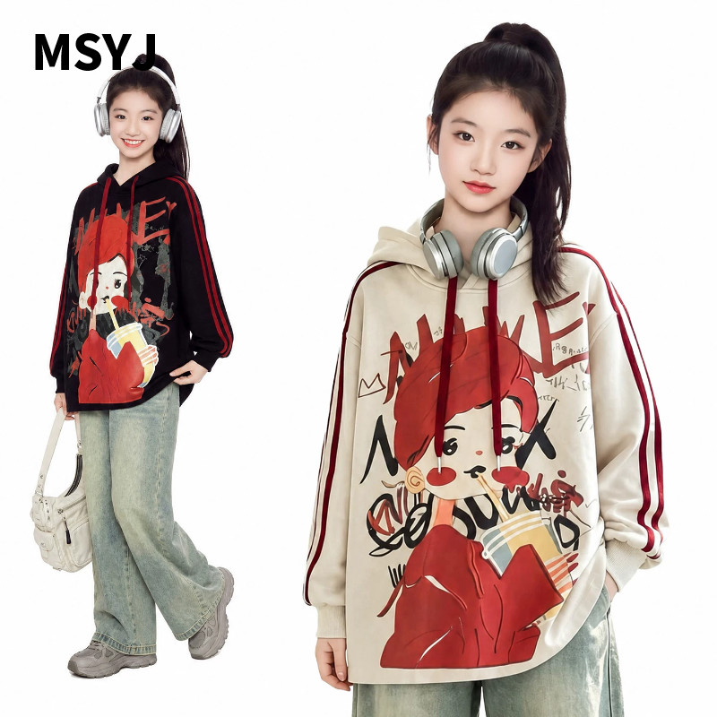 MSYJ 儿童秋装卡通印花连帽卫衣两件套2026女童帽衫牛仔裤套装