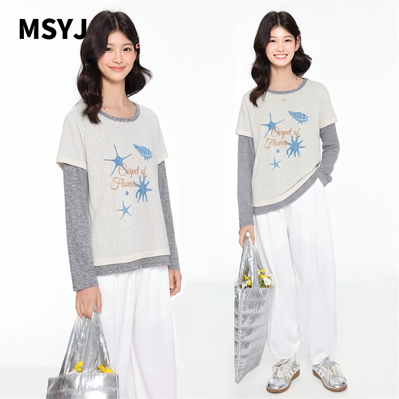 MSYJ “海底世界”原创印花长袖打底衫女童春季拼色T恤假两件上衣