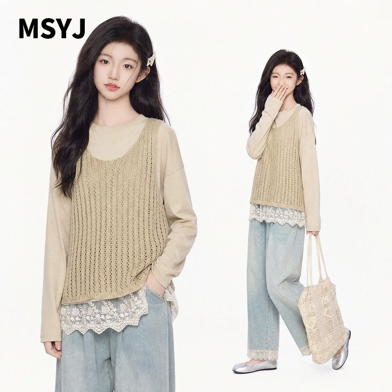 MSYJ 儿童时尚打底背心牛仔裤三件套女童春秋2026新款休闲套装