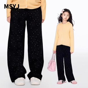 MSYJ 黑色波点加绒牛仔裤女童秋冬碎花直筒裤子加厚休闲长裤