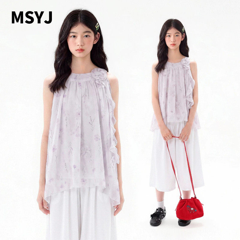 MSYJ 女童无袖雪纺衫套装2026新款儿童夏季轻薄休闲甜美两件套
