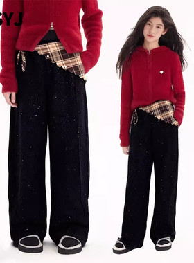 MSYJ 雪花绒休闲裤女童秋冬2025新款加绒裤子宽松烫钻阔腿长裤