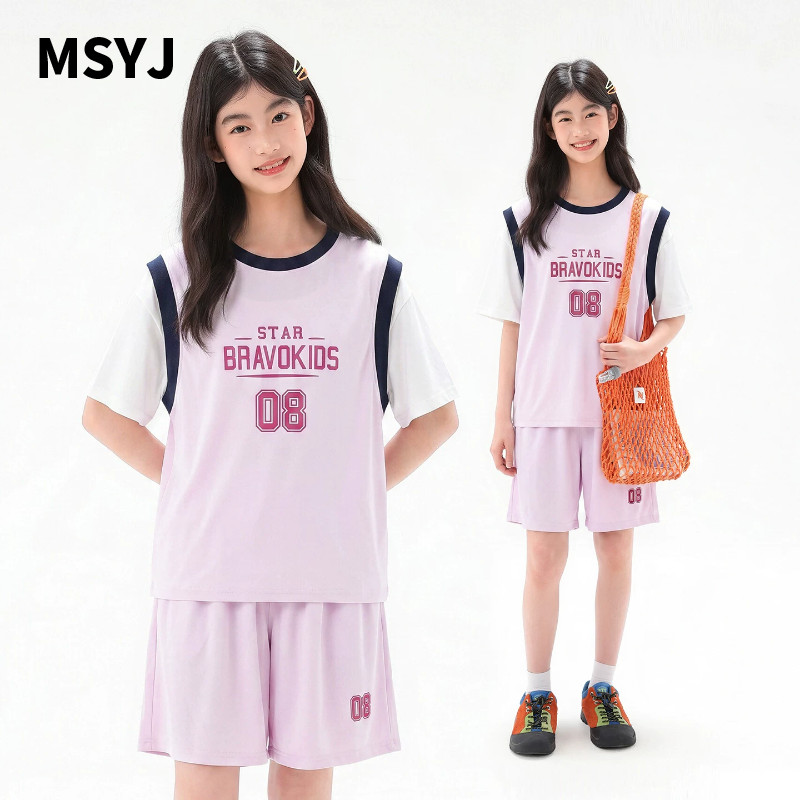 MSYJ 女童短袖运动套装2026新款儿童夏季假两件T恤五分裤两件套