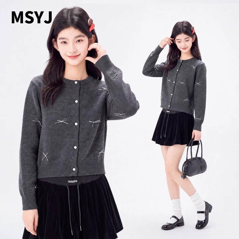 MSYJ 儿童秋季休闲套装2026女童新款蝴蝶结针织开衫半身裙两件套