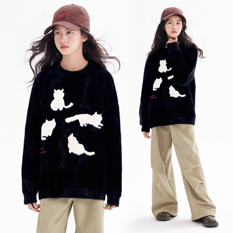 MSYJ 猫咪剪影毛衣女童秋冬宽松休闲圆领加厚软糯针织上衣 - 封面