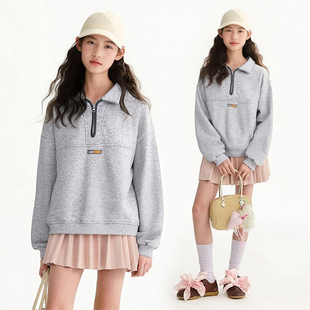 MSYJ 翻领卫衣女童加绒加厚2025新款秋冬半拉链休闲上衣