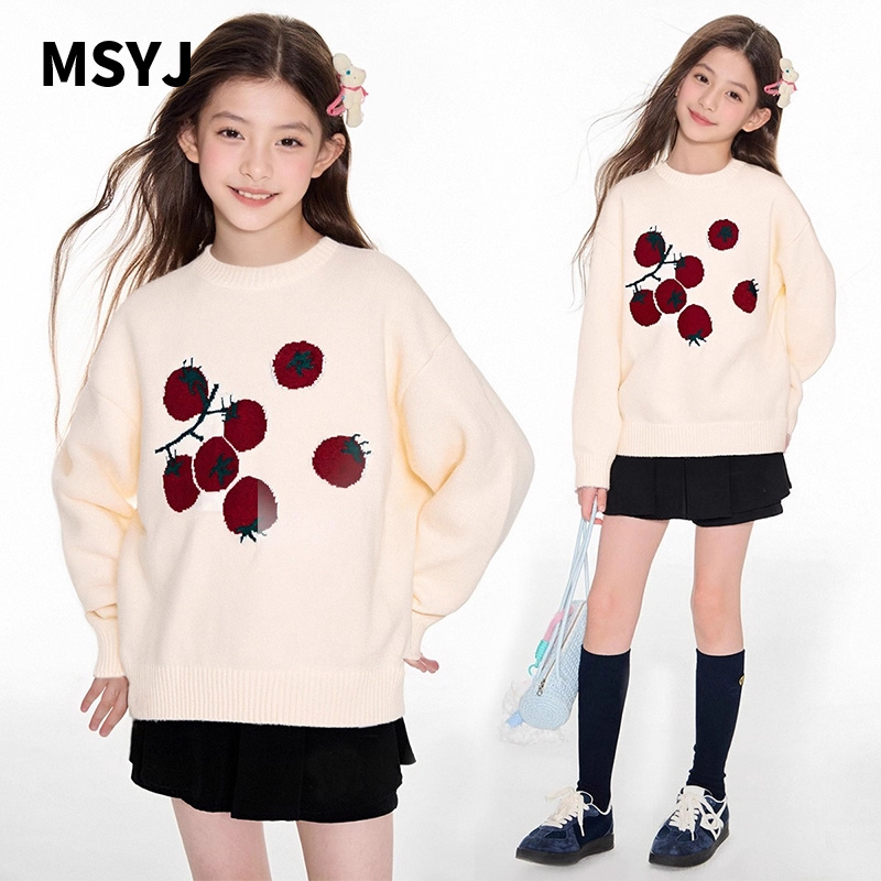 MSYJ 小番茄提花针织衫女童秋冬加厚圆领休闲毛衣套头