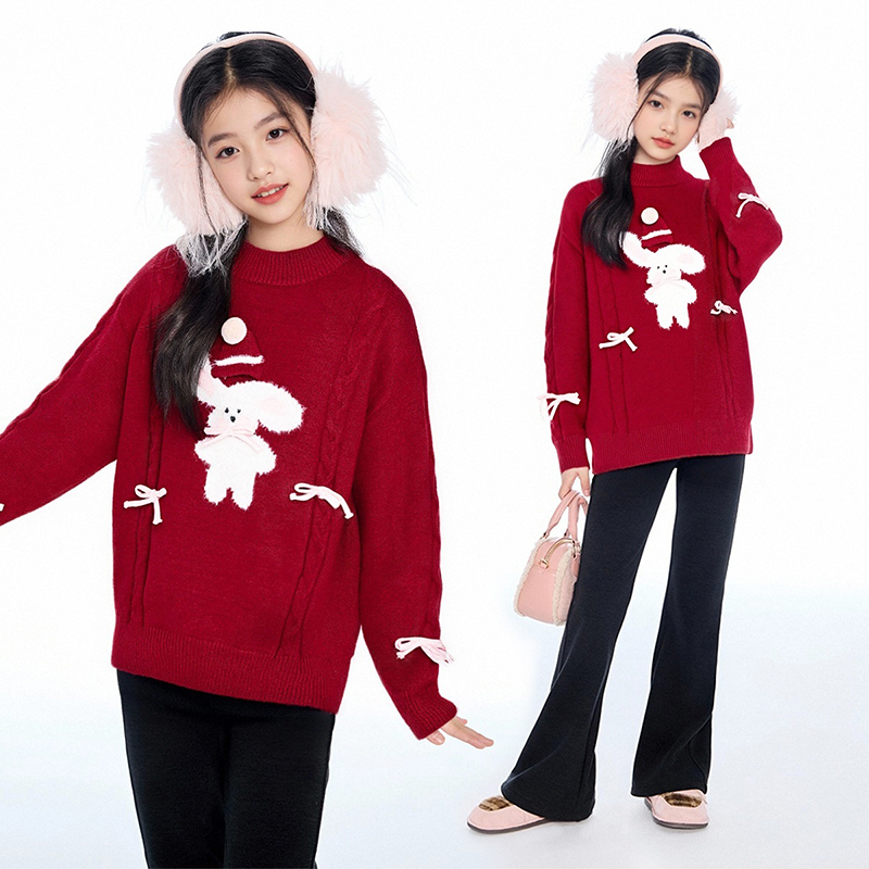 MSYJ 蝴蝶结毛衣女童秋冬加厚2025新款圆领红色针织衫休闲上衣