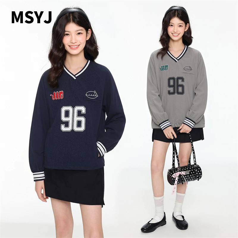 MSYJ 运动风春季卫衣女童2026新款印花撞色V领套头休闲长袖上衣