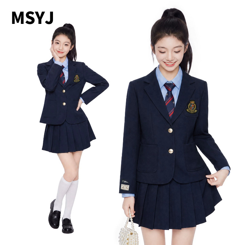 MSYJ 女童学院风套装秋季2026新款儿童西装外套衬衫百褶裙三件套
