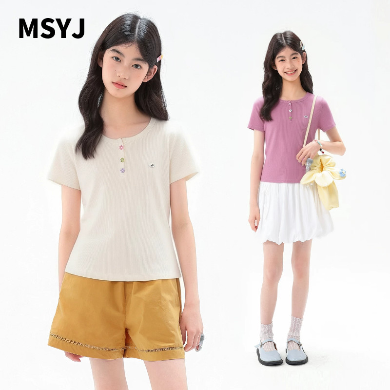 MSYJ 儿童夏季T恤女童2026新款彩色纽扣短袖女孩中大童休闲上衣