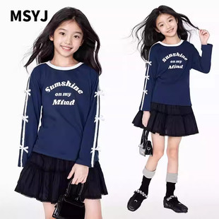 MSYJ 秋季长袖T恤女童圆领字母图案边条蝴蝶结上衣休闲