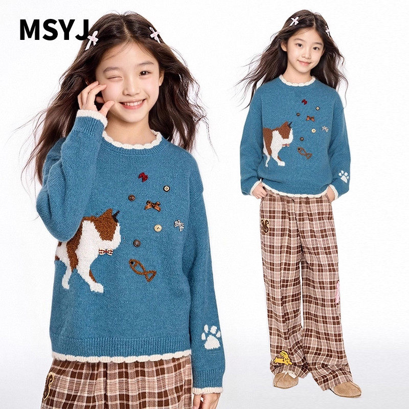 MSYJ 小猫立体刺绣毛衣女童冬季加厚休闲圆领针织上衣套头