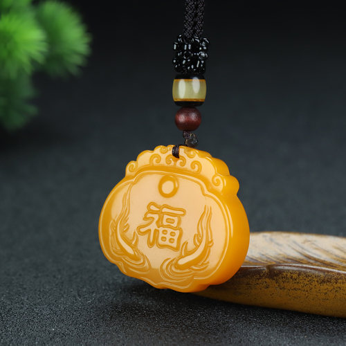 新疆玉黄龙玉福字玉锁吊坠和田玉黄玉双面雕刻莲花长命锁挂件玉佩