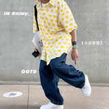 DX1516’中性风宽松情侣大码爱心满印衬衫男女P4058黄色，男装衬衫，电商A066