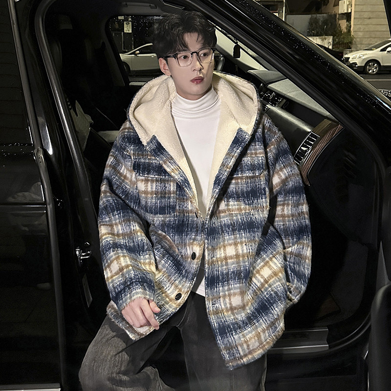MH16`条纹ins加厚中长款羊羔毛呢料外套连帽棉衣棉服男P118,男装棉衣,电商A066
