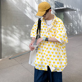 DX1516’中性风宽松情侣大码爱心满印衬衫男女P4058黄色，男装衬衫，电商A066