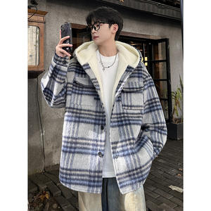 MH11`条纹ins加厚中长款羊羔毛呢料外套连帽棉衣棉服男 P118图片