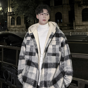 MH18`条纹ins加厚中长款羊羔毛呢料外套连帽棉衣棉服男 P118图片
