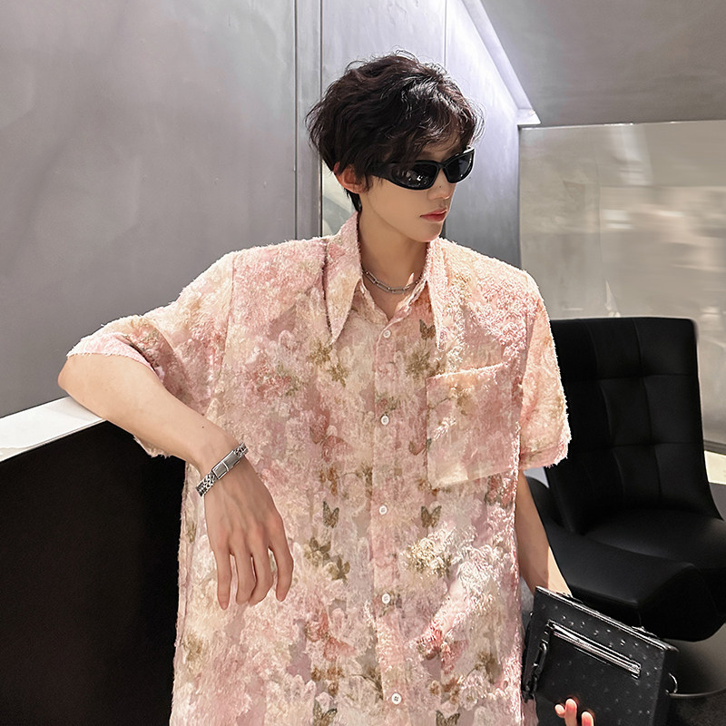 KT1017`（垫肩可拆装）流苏蝴蝶短袖衬衫男女P45,男装T恤,电商A066