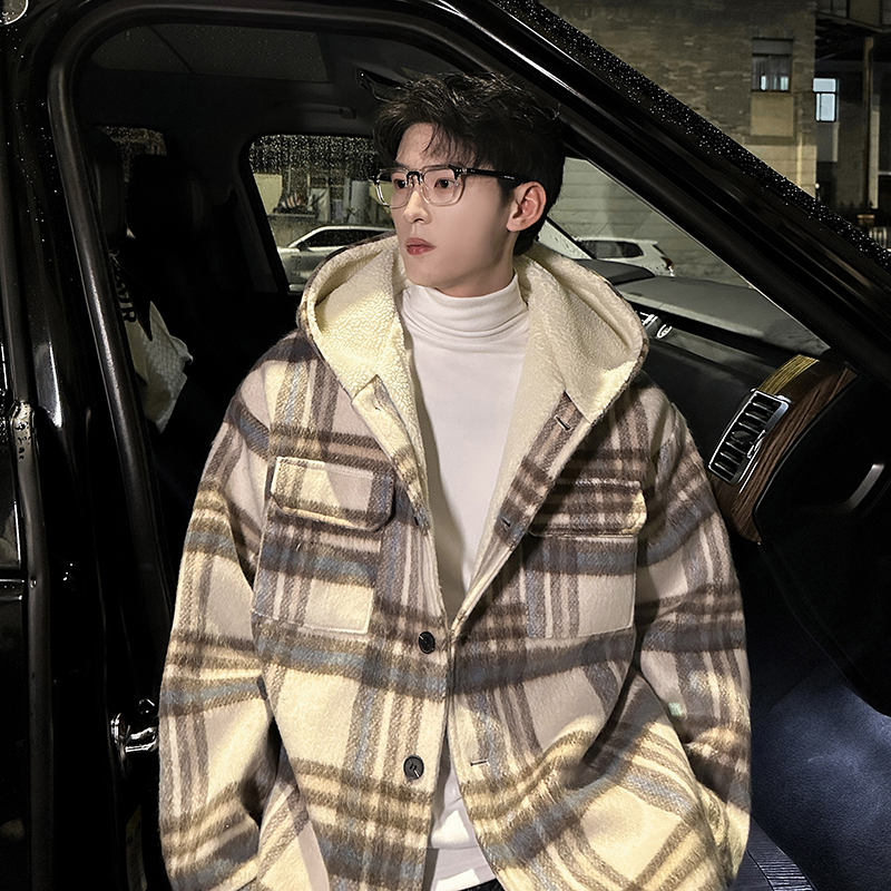 MH11`条纹ins加厚中长款羊羔毛呢料外套连帽棉衣棉服男P118，男装棉衣，电商A066