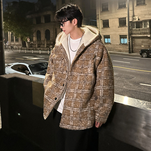 MH13`条纹ins加厚中长款羊羔毛呢料外套连帽棉衣棉服男P118