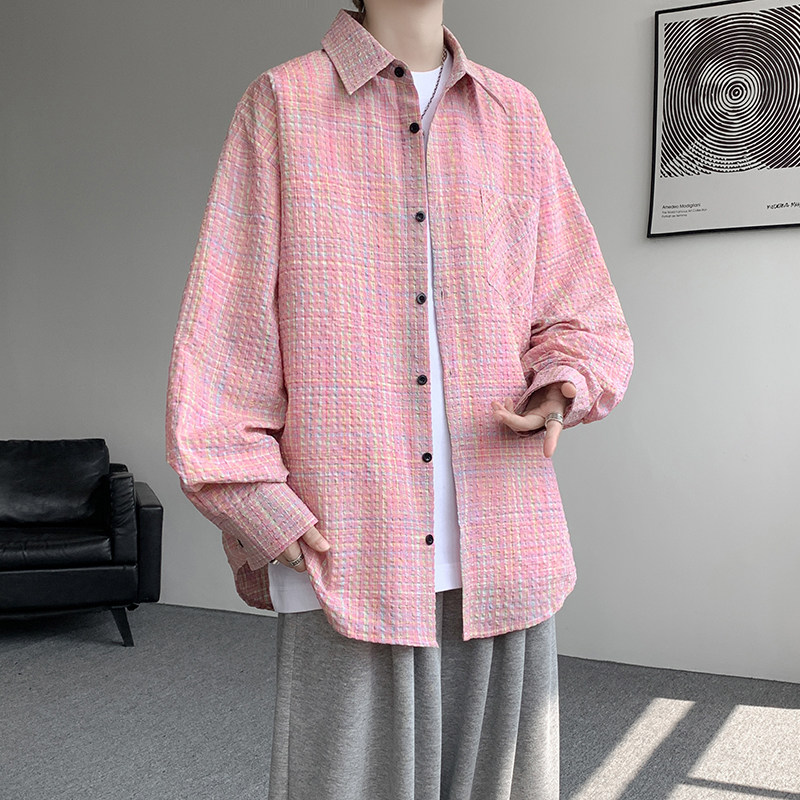CR019`泡泡纱格子潮牌高街ins衬衫男女P40,男装衬衫,电商A066