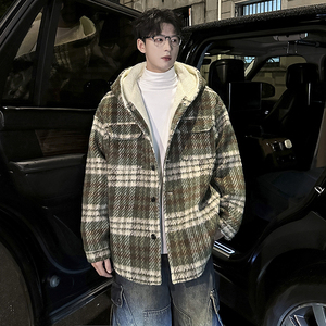 MH09`条纹ins加厚中长款羊羔毛呢料外套连帽棉衣棉服男 P118图片