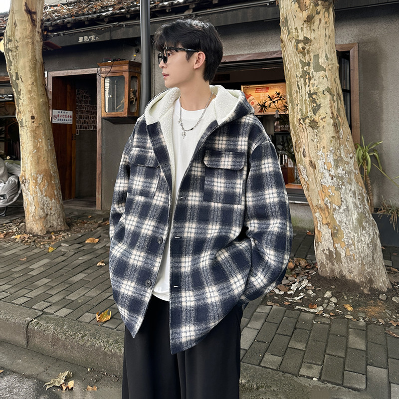 MH10`条纹ins加厚中长款羊羔毛呢料外套连帽棉衣棉服男 P118图片