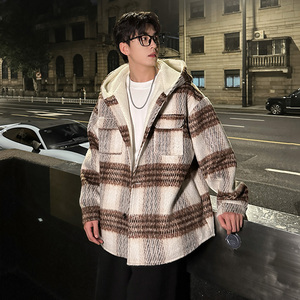 MH08`条纹ins加厚中长款羊羔毛呢料外套连帽棉衣棉服男 P118图片
