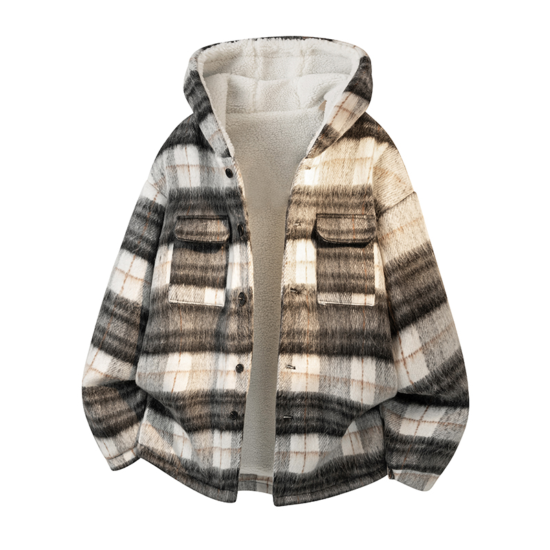 MH15`条纹ins加厚中长款羊羔毛呢料外套连帽棉衣棉服男P118，男装棉衣，电商A066