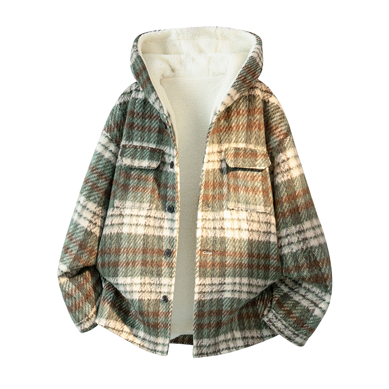 MH09`条纹ins加厚中长款羊羔毛呢料外套连帽棉衣棉服男P118，男装棉衣，电商A066