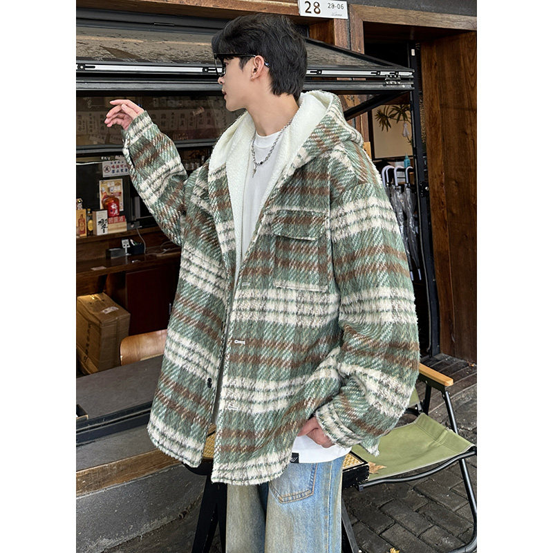 MH09`条纹ins加厚中长款羊羔毛呢料外套连帽棉衣棉服男 P118图片