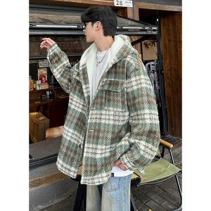 MH09`条纹ins加厚中长款羊羔毛呢料外套连帽棉衣棉服男 P118图片