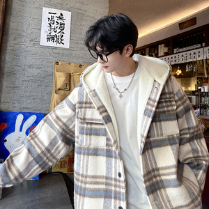 MH11`条纹ins加厚中长款羊羔毛呢料外套连帽棉衣棉服男 P118图片