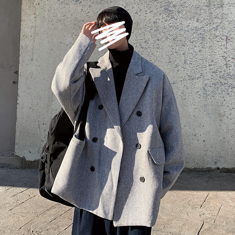 FT02条纹呢料宽松大码情侣西装型风衣外套男P98118浅灰,男装西服套装,电商A066