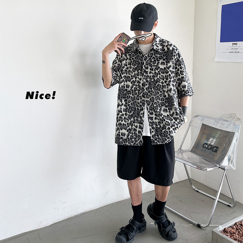 DX1501`宽松大码情侣中性街潮豹纹短袖衬衫男女P45灰色,男装衬衫,电商A066