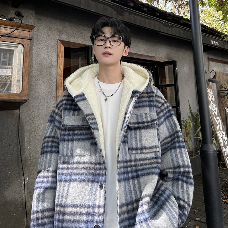 MH11`条纹ins加厚中长款羊羔毛呢料外套连帽棉衣棉服男 P118图片
