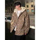 MH13`条纹ins加厚中长款羊羔毛呢料外套连帽棉衣棉服男P118，男装棉衣，电商A066